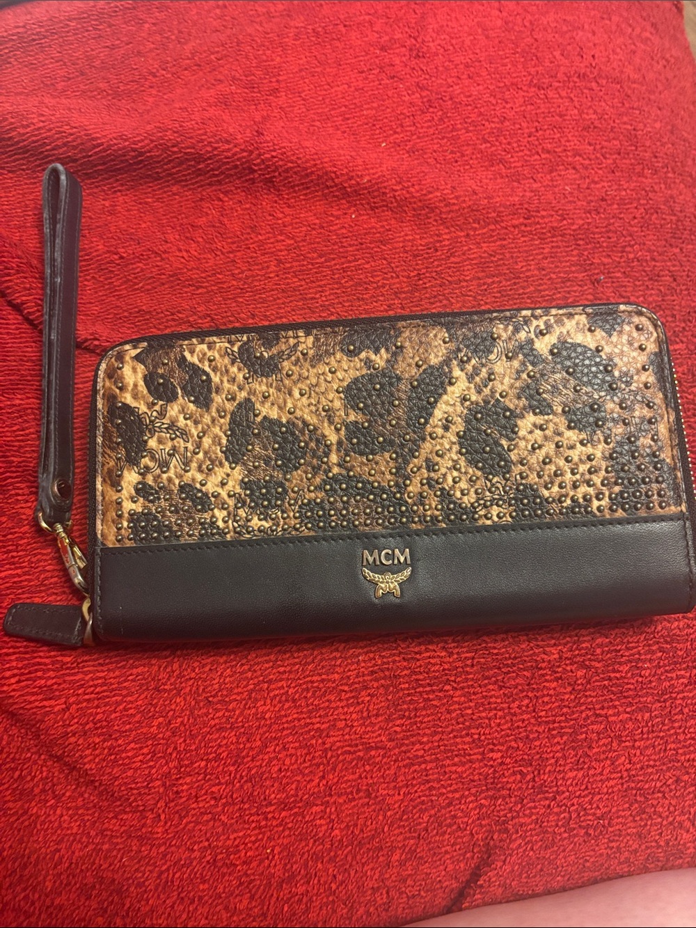 MCM limited  edition Leopard-Print Studded Zip-Around Wristlet Wallet